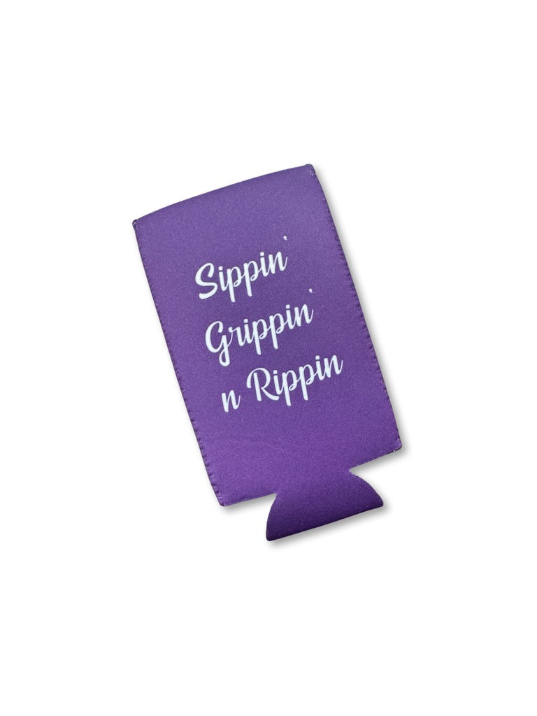 SIPPIN, GRIPPIN, RIPPIN KOOZIE IN ROYAL PURPLE